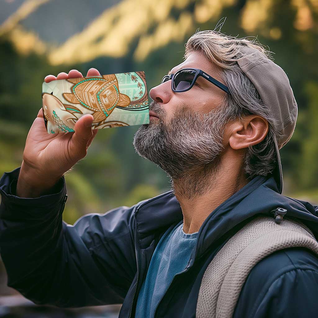 Hawaii 4 in 1 Can Cooler Tumbler Polynesian Shark and Sea Turtle Dreamy Turquoise Artsy