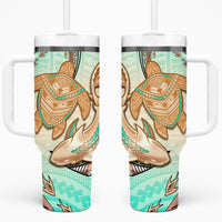 Hawaii Tumbler With Handle Polynesian Shark and Sea Turtle Dreamy Turquoise Artsy