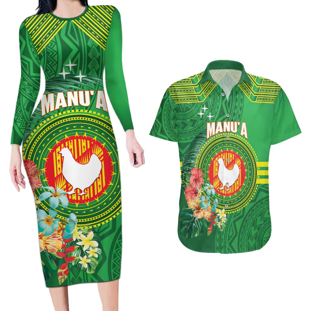 Personalized Manu'a Cession Day Couples Matching Long Sleeve Bodycon Dress and Hawaiian Shirt Tropical Flowers With Polynesian Pattern LT14 Green - Polynesian Pride