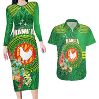 Personalized Manu'a Cession Day Couples Matching Long Sleeve Bodycon Dress and Hawaiian Shirt Tropical Flowers With Polynesian Pattern LT14 Green - Polynesian Pride