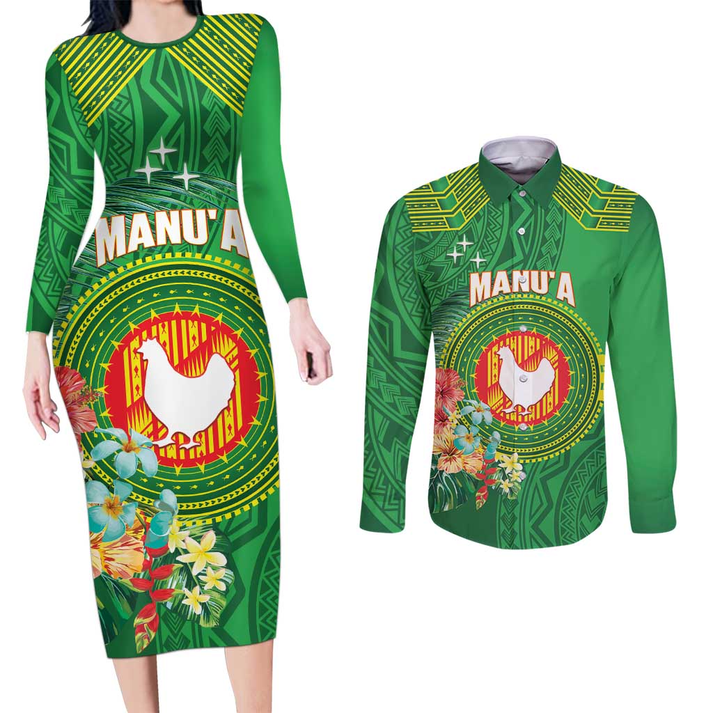 Personalized Manu'a Cession Day Couples Matching Long Sleeve Bodycon Dress and Long Sleeve Button Shirt Tropical Flowers With Polynesian Pattern LT14 Green - Polynesian Pride
