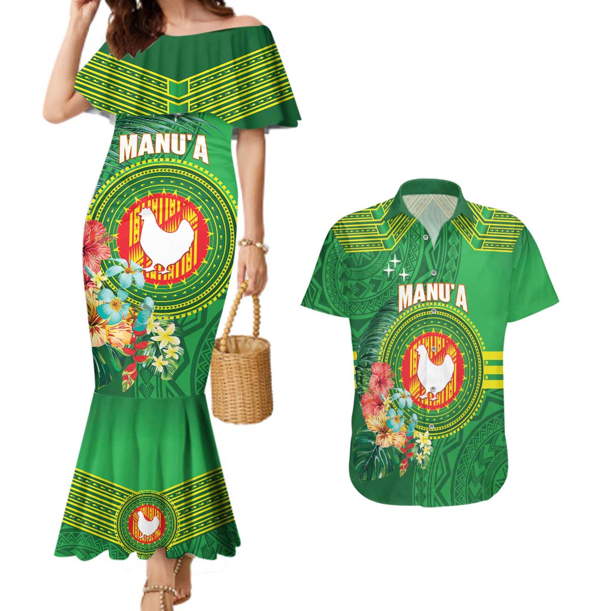 Personalized Manu'a Cession Day Couples Matching Mermaid Dress and Hawaiian Shirt Tropical Flowers With Polynesian Pattern LT14 Green - Polynesian Pride