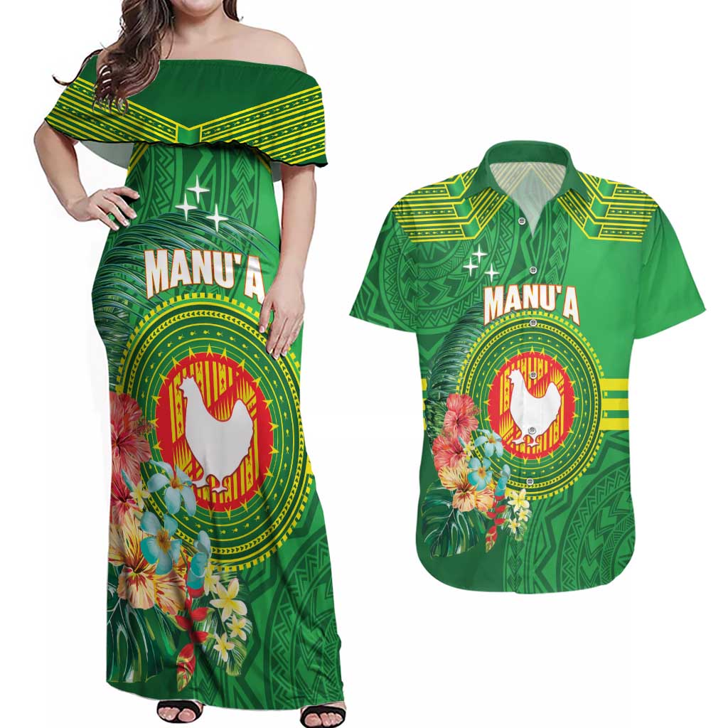 Personalized Manu'a Cession Day Couples Matching Off Shoulder Maxi Dress and Hawaiian Shirt Tropical Flowers With Polynesian Pattern LT14 Green - Polynesian Pride