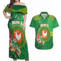 Personalized Manu'a Cession Day Couples Matching Off Shoulder Maxi Dress and Hawaiian Shirt Tropical Flowers With Polynesian Pattern LT14 Green - Polynesian Pride