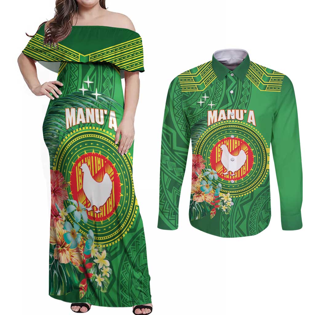 Personalized Manu'a Cession Day Couples Matching Off Shoulder Maxi Dress and Long Sleeve Button Shirt Tropical Flowers With Polynesian Pattern LT14 Green - Polynesian Pride
