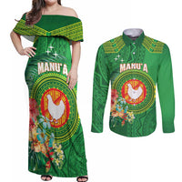 Personalized Manu'a Cession Day Couples Matching Off Shoulder Maxi Dress and Long Sleeve Button Shirt Tropical Flowers With Polynesian Pattern LT14 Green - Polynesian Pride