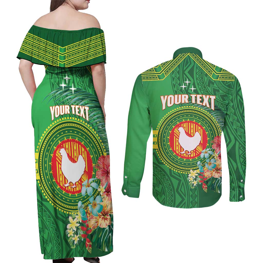 Personalized Manu'a Cession Day Couples Matching Off Shoulder Maxi Dress and Long Sleeve Button Shirt Tropical Flowers With Polynesian Pattern LT14 - Polynesian Pride