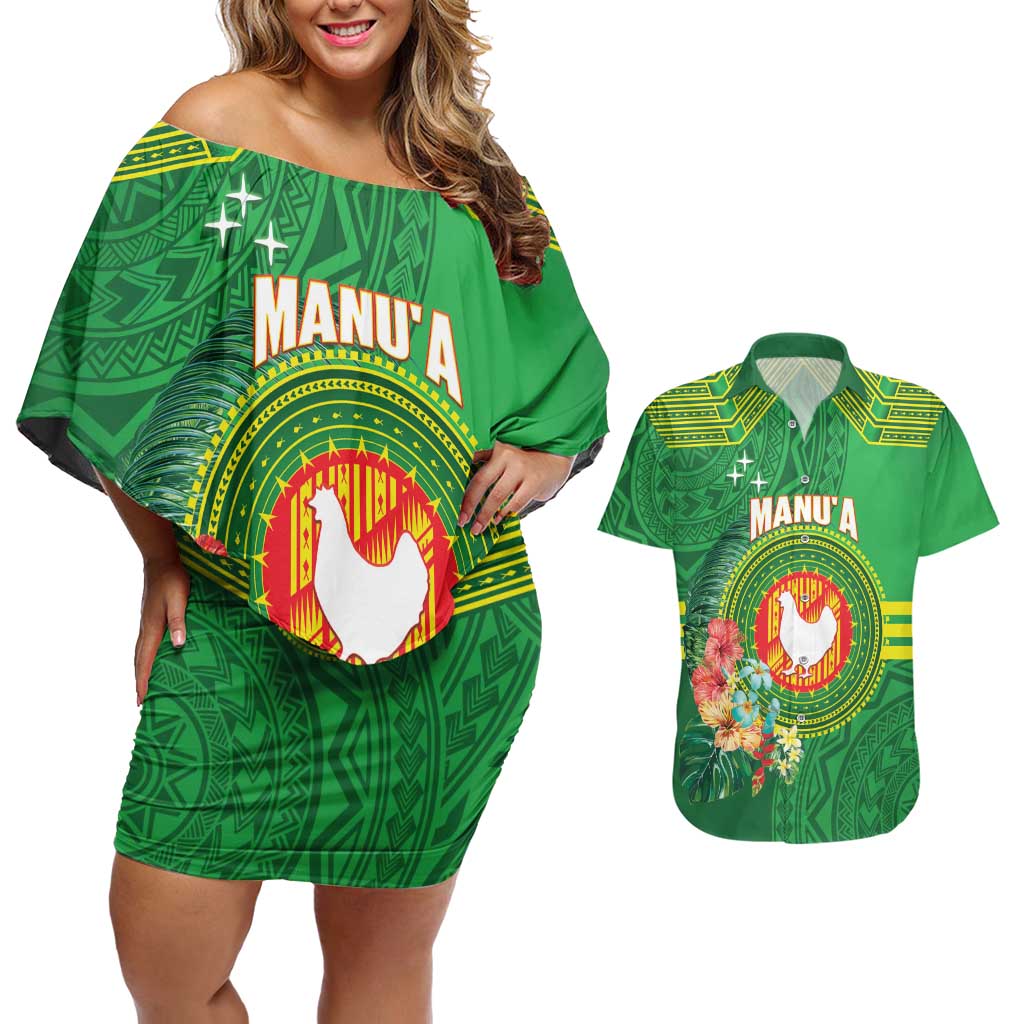 Personalized Manu'a Cession Day Couples Matching Off Shoulder Short Dress and Hawaiian Shirt Tropical Flowers With Polynesian Pattern LT14 Green - Polynesian Pride