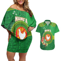 Personalized Manu'a Cession Day Couples Matching Off Shoulder Short Dress and Hawaiian Shirt Tropical Flowers With Polynesian Pattern LT14 Green - Polynesian Pride