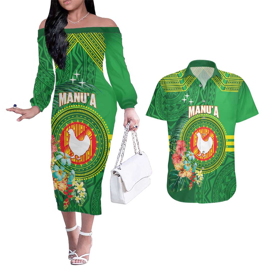 Personalized Manu'a Cession Day Couples Matching Off The Shoulder Long Sleeve Dress and Hawaiian Shirt Tropical Flowers With Polynesian Pattern LT14 Green - Polynesian Pride