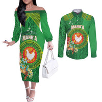 Personalized Manu'a Cession Day Couples Matching Off The Shoulder Long Sleeve Dress and Long Sleeve Button Shirt Tropical Flowers With Polynesian Pattern LT14 Green - Polynesian Pride
