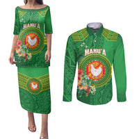Personalized Manu'a Cession Day Couples Matching Puletasi and Long Sleeve Button Shirt Tropical Flowers With Polynesian Pattern