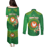 Personalized Manu'a Cession Day Couples Matching Puletasi and Long Sleeve Button Shirt Tropical Flowers With Polynesian Pattern