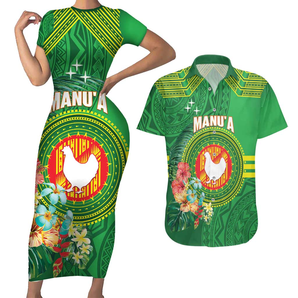 Personalized Manu'a Cession Day Couples Matching Short Sleeve Bodycon Dress and Hawaiian Shirt Tropical Flowers With Polynesian Pattern LT14 Green - Polynesian Pride