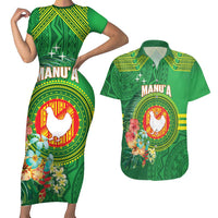 Personalized Manu'a Cession Day Couples Matching Short Sleeve Bodycon Dress and Hawaiian Shirt Tropical Flowers With Polynesian Pattern LT14 Green - Polynesian Pride