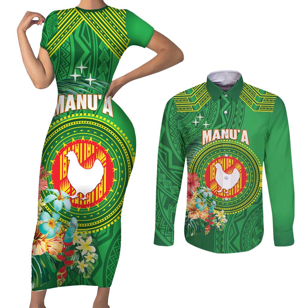 Personalized Manu'a Cession Day Couples Matching Short Sleeve Bodycon Dress and Long Sleeve Button Shirt Tropical Flowers With Polynesian Pattern LT14 Green - Polynesian Pride