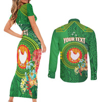 Personalized Manu'a Cession Day Couples Matching Short Sleeve Bodycon Dress and Long Sleeve Button Shirt Tropical Flowers With Polynesian Pattern