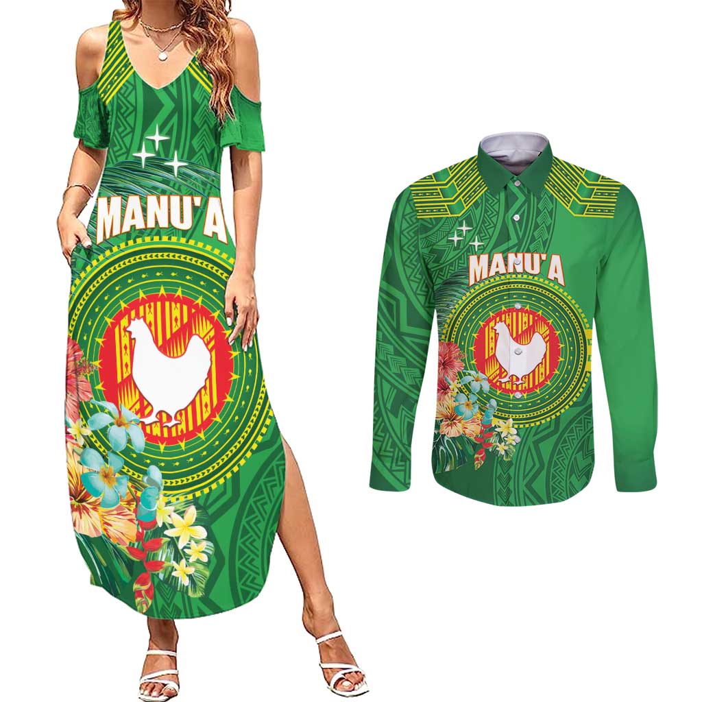 Personalized Manu'a Cession Day Couples Matching Summer Maxi Dress and Long Sleeve Button Shirt Tropical Flowers With Polynesian Pattern LT14 Green - Polynesian Pride