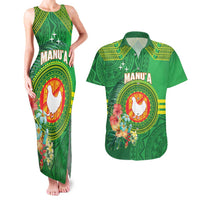 Personalized Manu'a Cession Day Couples Matching Tank Maxi Dress and Hawaiian Shirt Tropical Flowers With Polynesian Pattern LT14 Green - Polynesian Pride