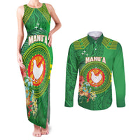 Personalized Manu'a Cession Day Couples Matching Tank Maxi Dress and Long Sleeve Button Shirt Tropical Flowers With Polynesian Pattern LT14 Green - Polynesian Pride
