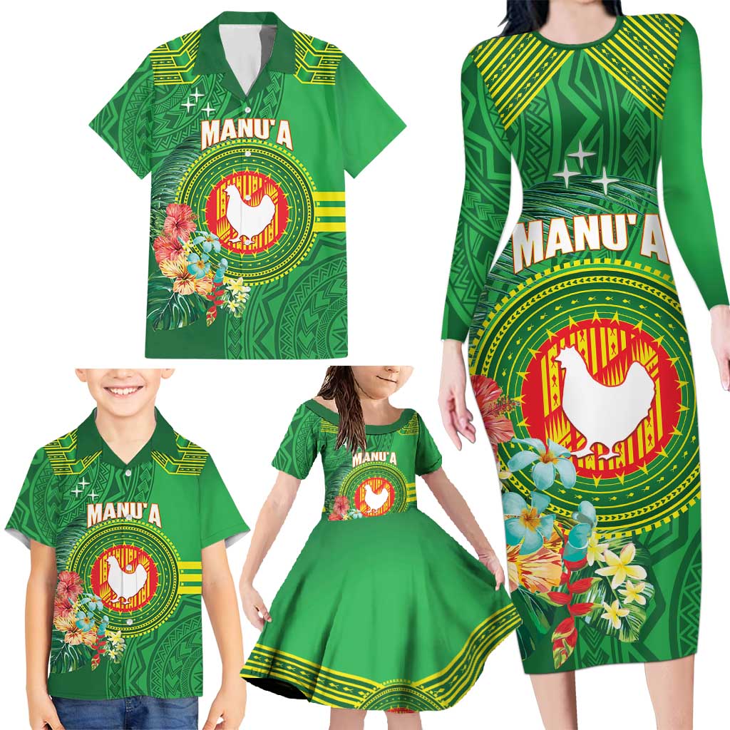 Personalized Manu'a Cession Day Family Matching Long Sleeve Bodycon Dress and Hawaiian Shirt Tropical Flowers With Polynesian Pattern LT14 - Polynesian Pride