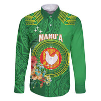 Personalized Manu'a Cession Day Family Matching Puletasi and Hawaiian Shirt Tropical Flowers With Polynesian Pattern LT14 Dad's Shirt - Long Sleeve Green - Polynesian Pride