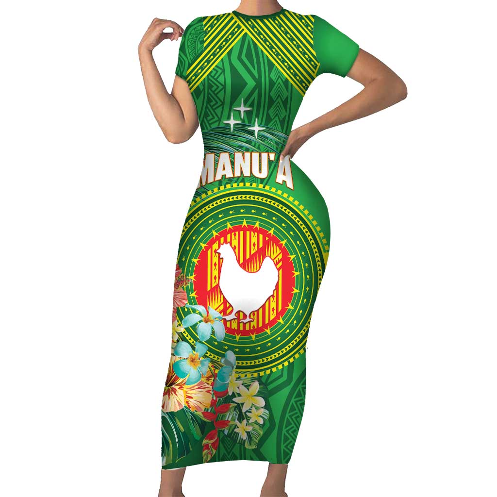 Personalized Manu'a Cession Day Family Matching Short Sleeve Bodycon Dress and Hawaiian Shirt Tropical Flowers With Polynesian Pattern