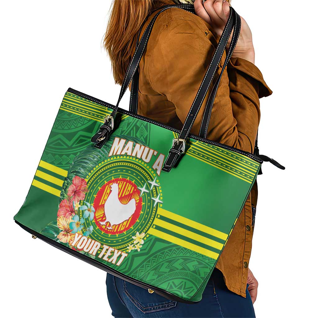 Personalized Manu'a Cession Day Leather Tote Bag Tropical Flowers With Polynesian Pattern