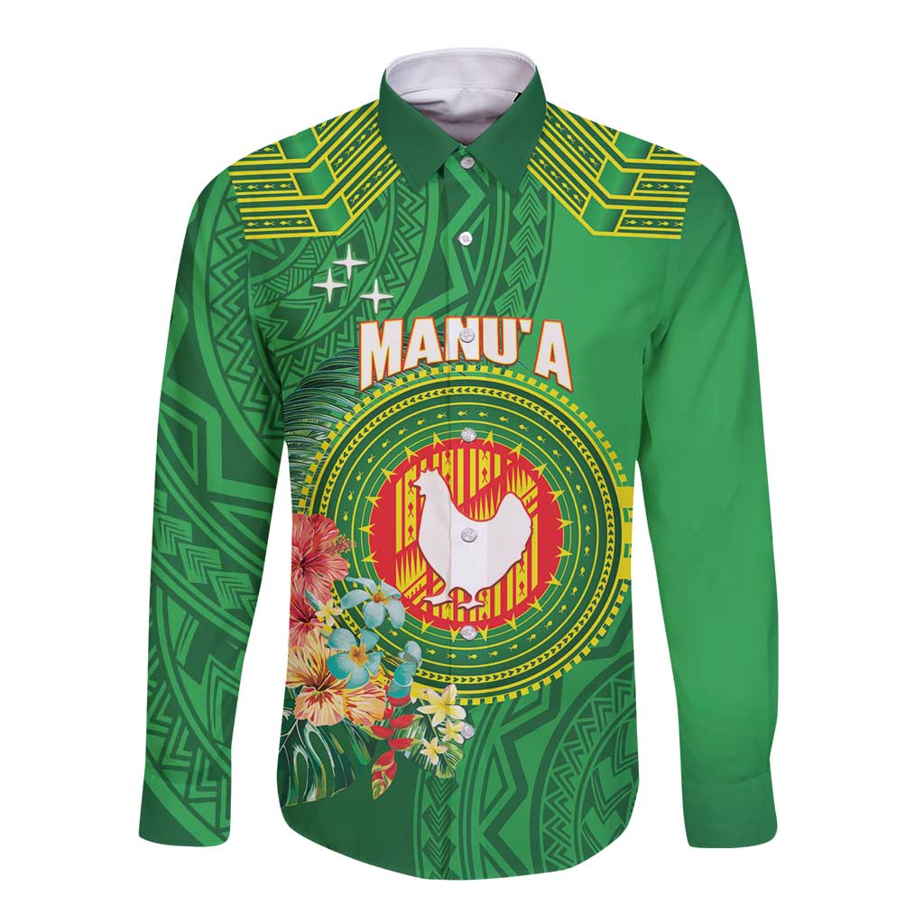 Personalized Manu'a Cession Day Long Sleeve Button Shirt Tropical Flowers With Polynesian Pattern LT14 Unisex Green - Polynesian Pride