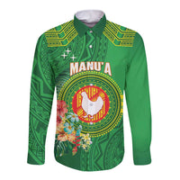 Personalized Manu'a Cession Day Long Sleeve Button Shirt Tropical Flowers With Polynesian Pattern LT14 Unisex Green - Polynesian Pride