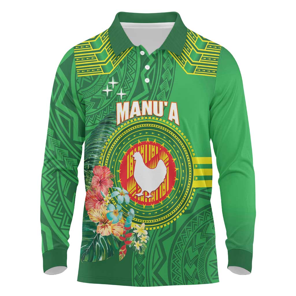 Personalized Manu'a Cession Day Long Sleeve Polo Shirt Tropical Flowers With Polynesian Pattern