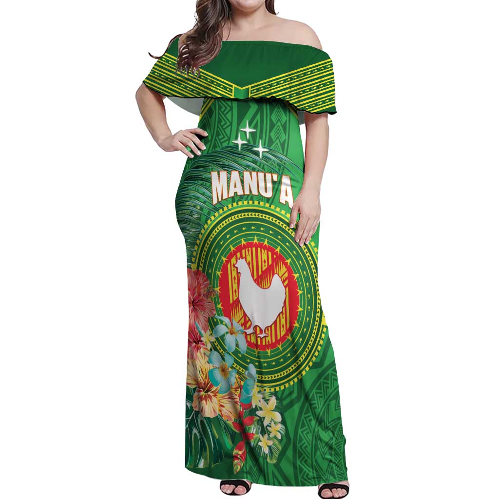 Personalized Manu'a Cession Day Off Shoulder Maxi Dress Tropical Flowers With Polynesian Pattern LT14 Women Green - Polynesian Pride