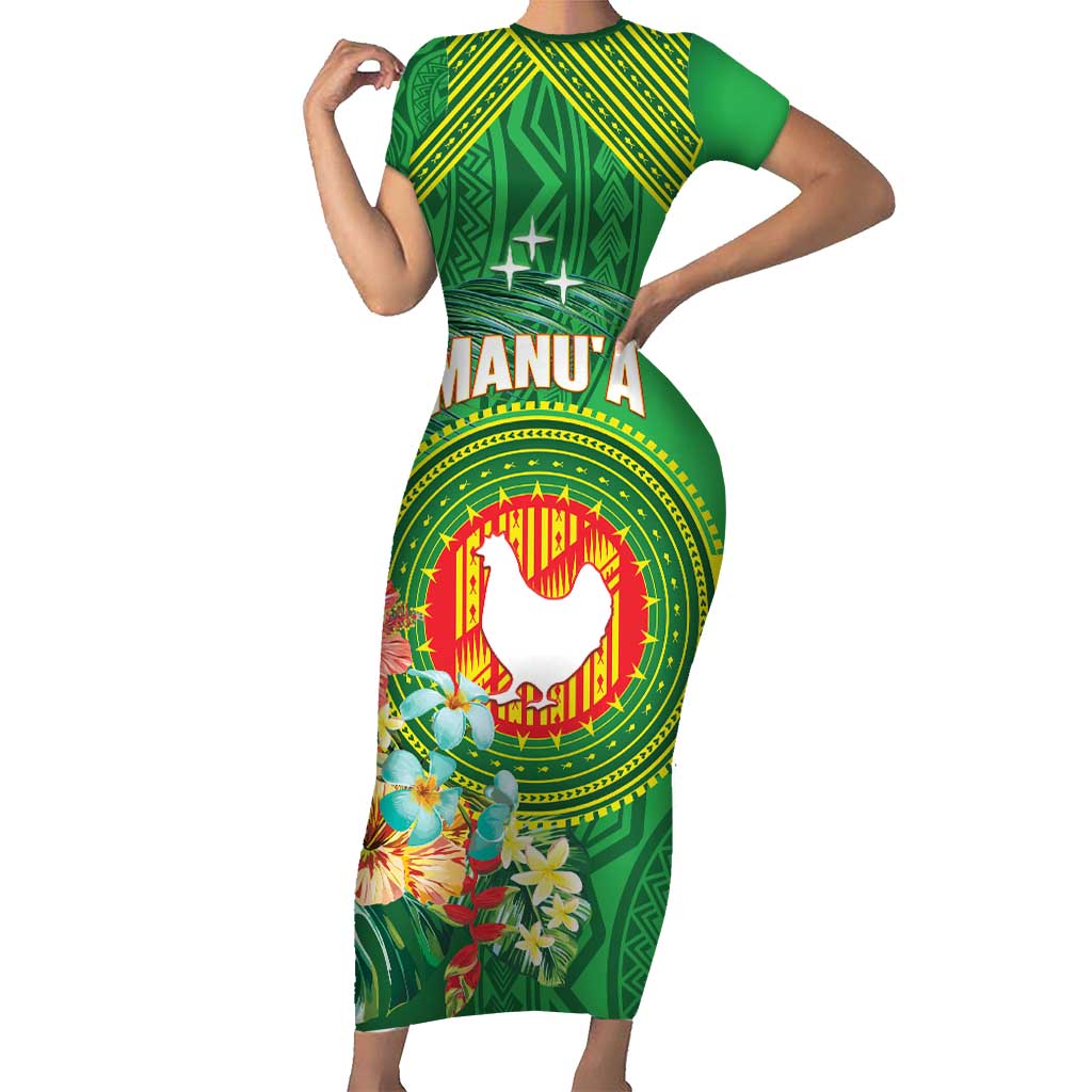 Personalized Manu'a Cession Day Short Sleeve Bodycon Dress Tropical Flowers With Polynesian Pattern