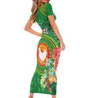 Personalized Manu'a Cession Day Short Sleeve Bodycon Dress Tropical Flowers With Polynesian Pattern