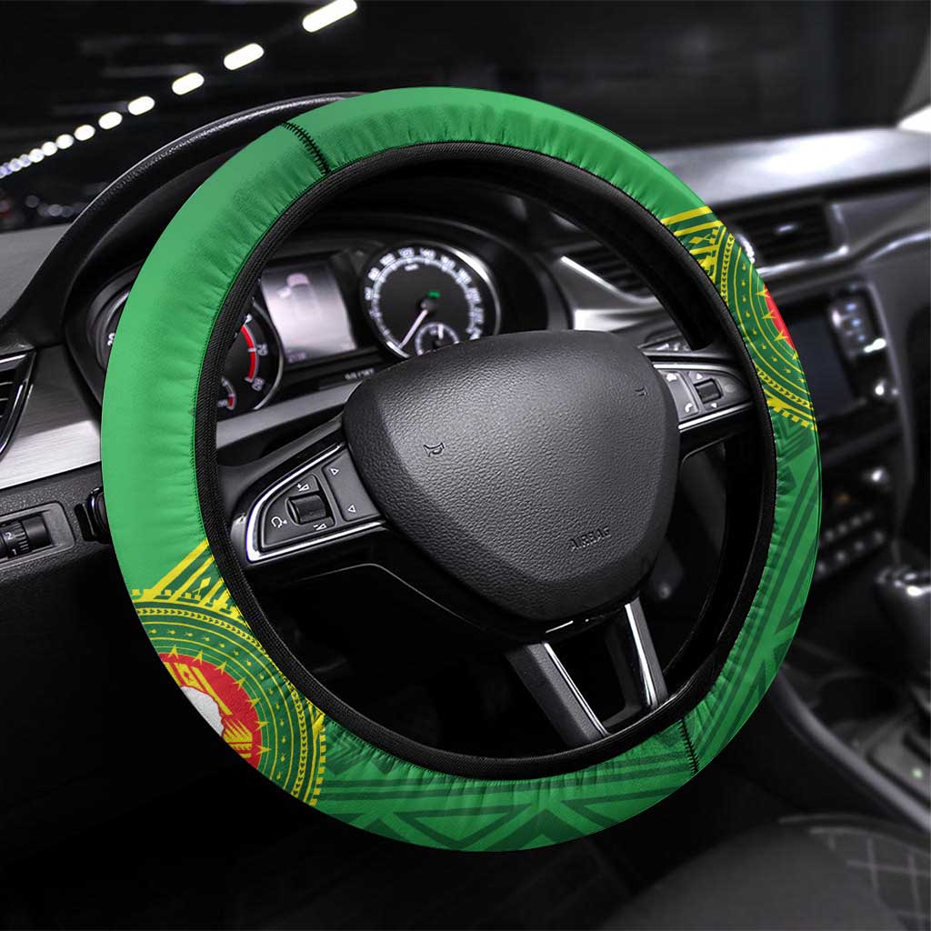 Manu'a Cession Day Steering Wheel Cover Tropical Flowers With Polynesian Pattern LT14 Universal Fit Green - Polynesian Pride