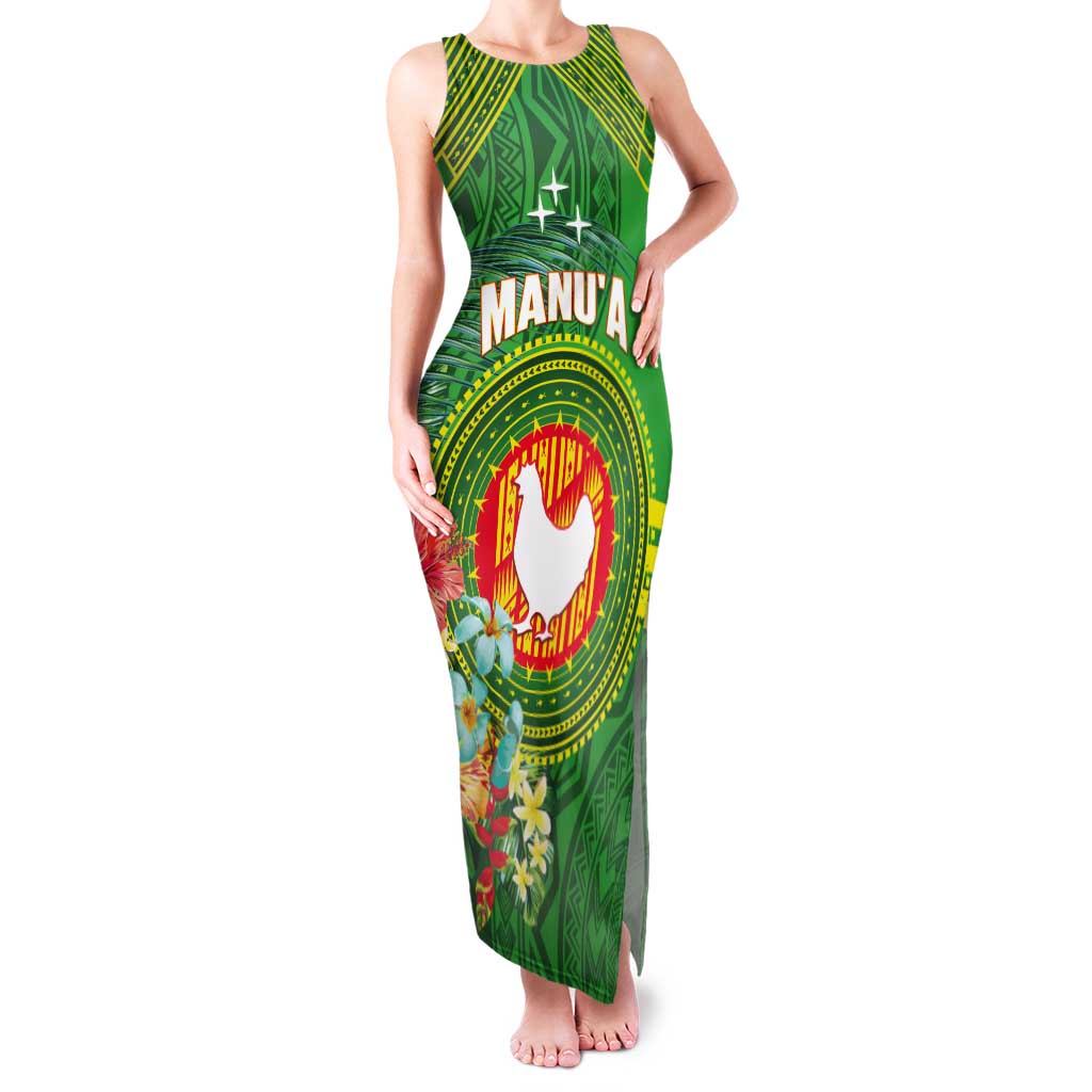 Personalized Manu'a Cession Day Tank Maxi Dress Tropical Flowers With Polynesian Pattern LT14 Women Green - Polynesian Pride