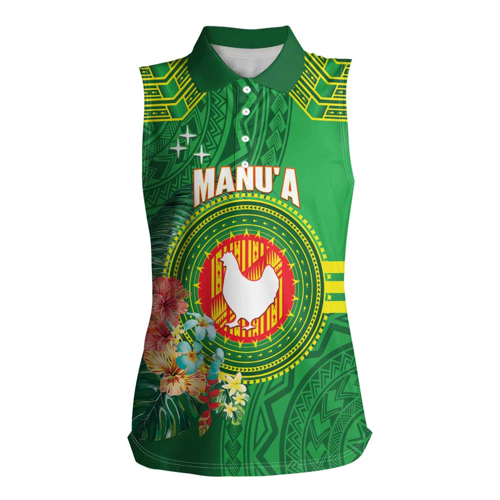 Personalized Manu'a Cession Day Women Sleeveless Polo Shirt Tropical Flowers With Polynesian Pattern