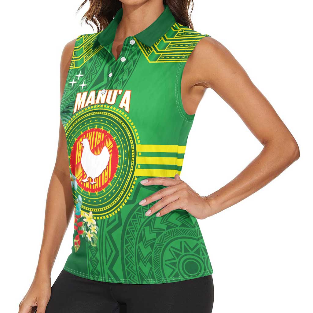 Personalized Manu'a Cession Day Women Sleeveless Polo Shirt Tropical Flowers With Polynesian Pattern