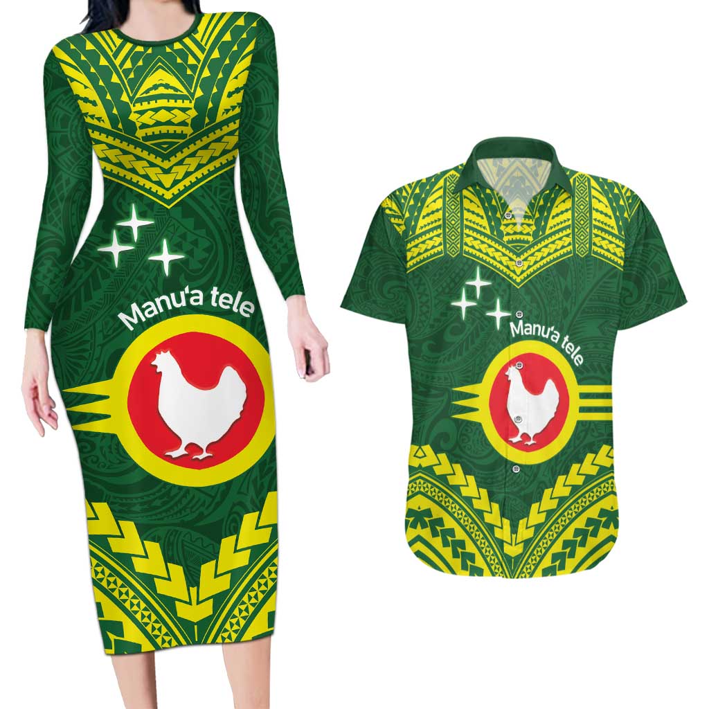 Manu'a Flag Day Couples Matching Long Sleeve Bodycon Dress and Hawaiian Shirt Polynesian Pattern National Color Proud LT14 Green - Polynesian Pride