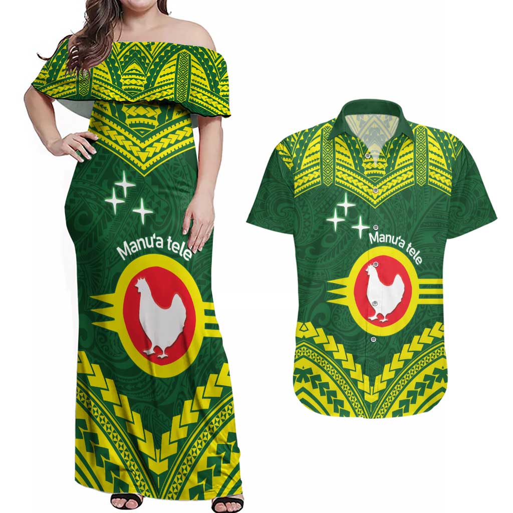 Manu'a Flag Day Couples Matching Off Shoulder Maxi Dress and Hawaiian Shirt Polynesian Pattern National Color Proud LT14 Green - Polynesian Pride