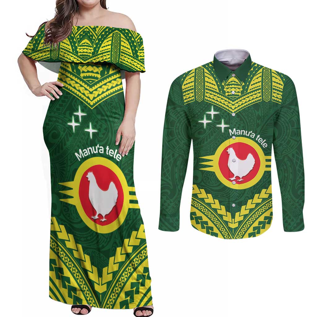 Manu'a Flag Day Couples Matching Off Shoulder Maxi Dress and Long Sleeve Button Shirt Polynesian Pattern National Color Proud LT14 Green - Polynesian Pride