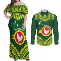 Manu'a Flag Day Couples Matching Off Shoulder Maxi Dress and Long Sleeve Button Shirt Polynesian Pattern National Color Proud LT14 Green - Polynesian Pride