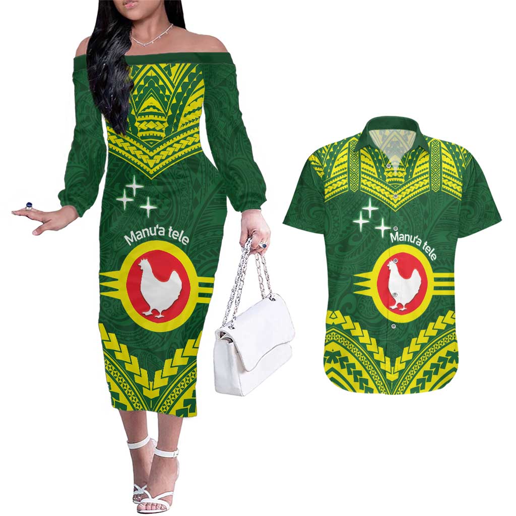 Manu'a Flag Day Couples Matching Off The Shoulder Long Sleeve Dress and Hawaiian Shirt Polynesian Pattern National Color Proud LT14 Green - Polynesian Pride