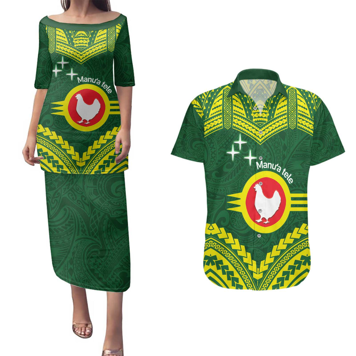 Manu'a Flag Day Couples Matching Puletasi and Hawaiian Shirt Polynesian Pattern National Color Proud LT14 Green - Polynesian Pride