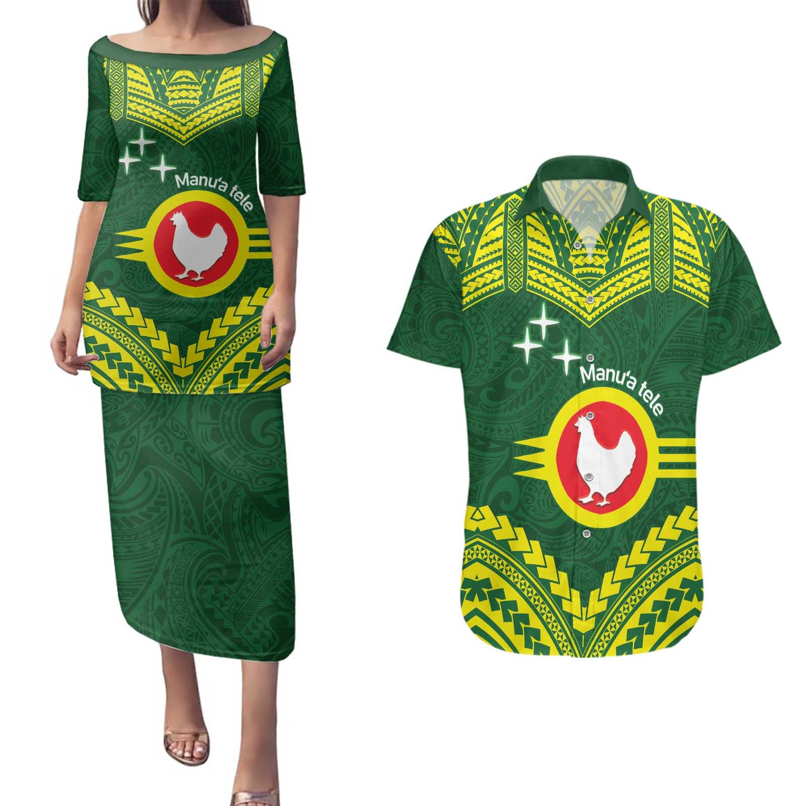 Manu'a Flag Day Couples Matching Puletasi and Hawaiian Shirt Polynesian Pattern National Color Proud LT14 Green - Polynesian Pride