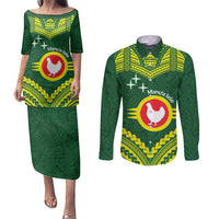 Manu'a Flag Day Couples Matching Puletasi and Long Sleeve Button Shirt Polynesian Pattern National Color Proud LT14 Green - Polynesian Pride