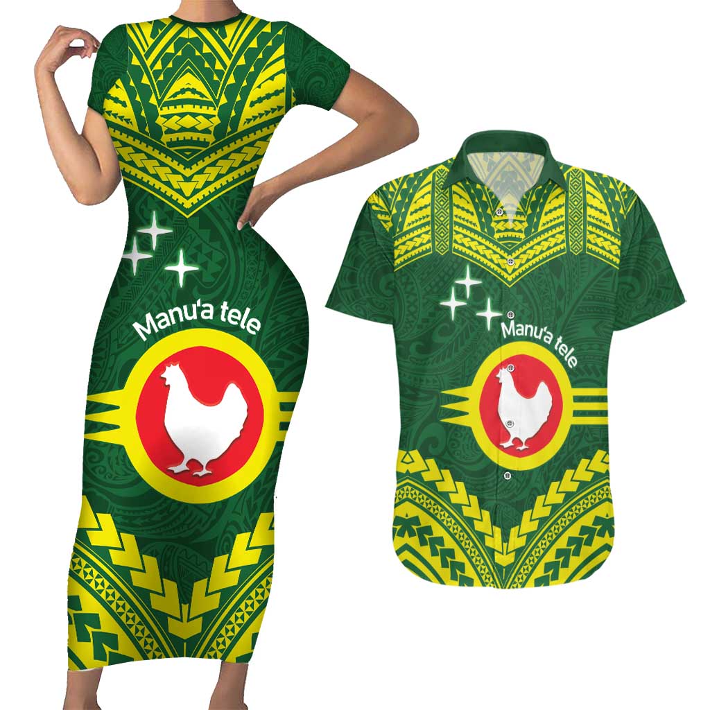 Manu'a Flag Day Couples Matching Short Sleeve Bodycon Dress and Hawaiian Shirt Polynesian Pattern National Color Proud LT14 Green - Polynesian Pride
