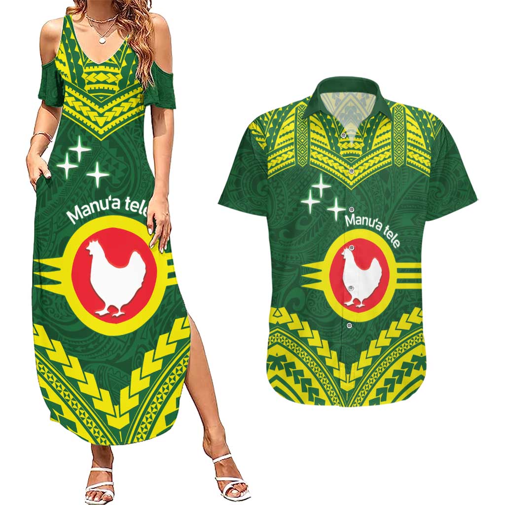 Manu'a Flag Day Couples Matching Summer Maxi Dress and Hawaiian Shirt Polynesian Pattern National Color Proud LT14 Green - Polynesian Pride