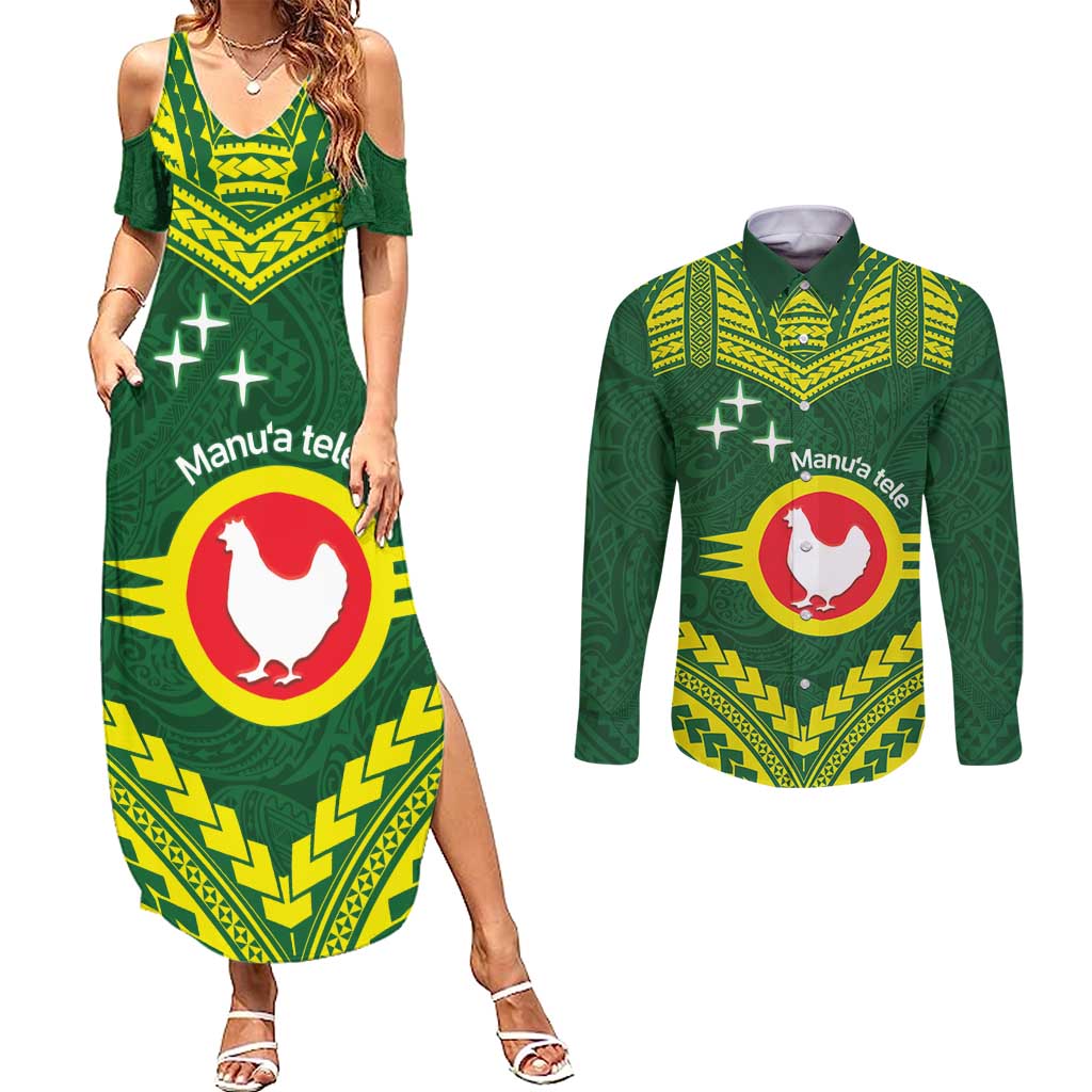 Manu'a Flag Day Couples Matching Summer Maxi Dress and Long Sleeve Button Shirt Polynesian Pattern National Color Proud LT14 Green - Polynesian Pride