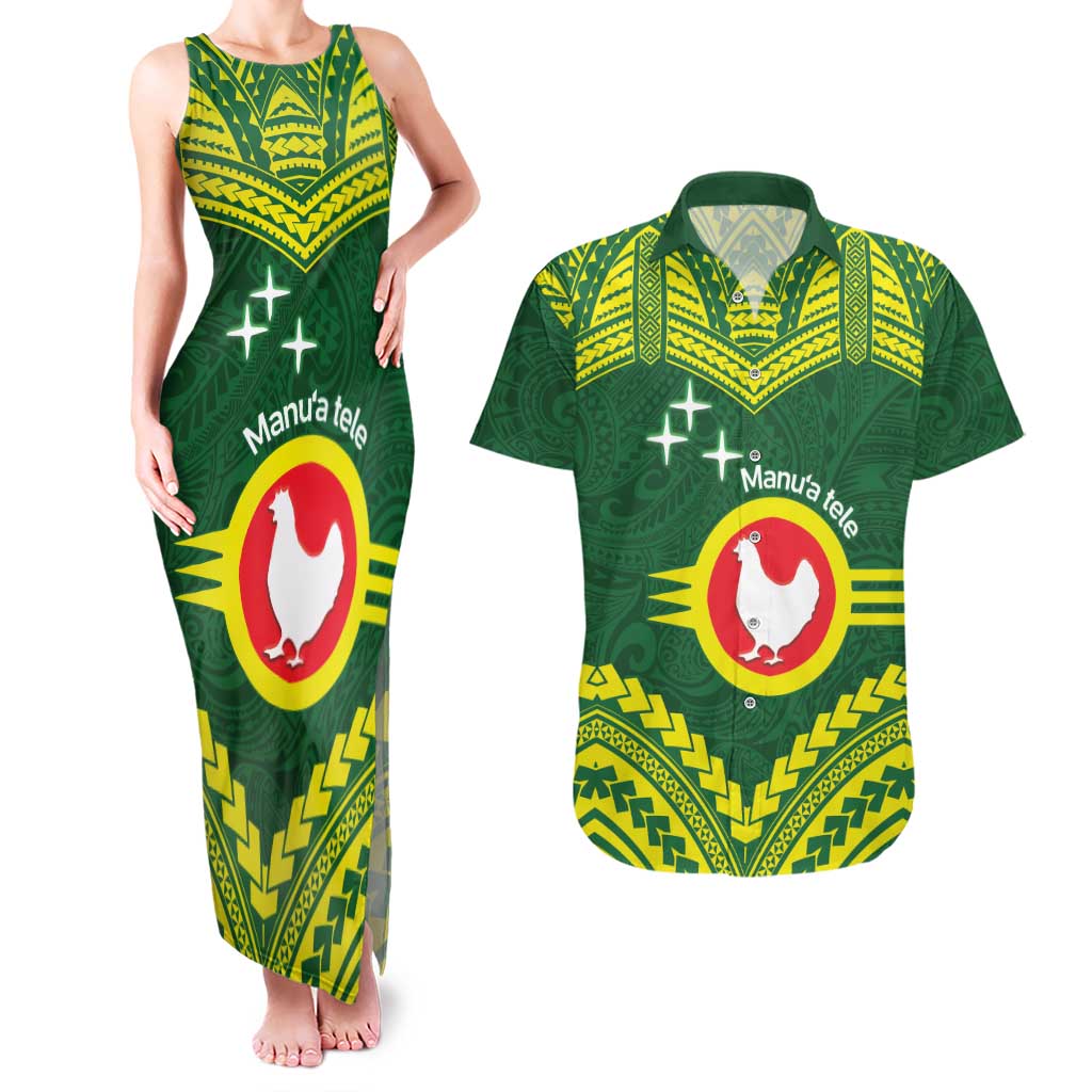 Manu'a Flag Day Couples Matching Tank Maxi Dress and Hawaiian Shirt Polynesian Pattern National Color Proud LT14 Green - Polynesian Pride